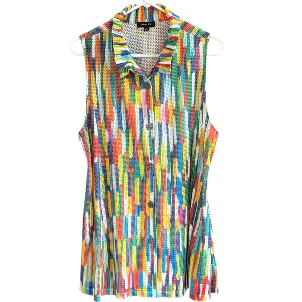 Like New DAMEE loose Weave Multicolor Wired Collar Sleeveless Tunic Top Size XL